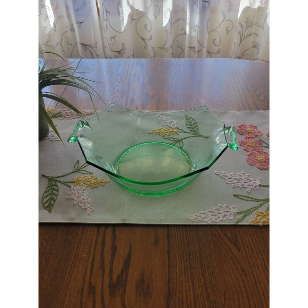 Vintage Green Glass Serving Bowl, Square Open Handled Decagon Shape